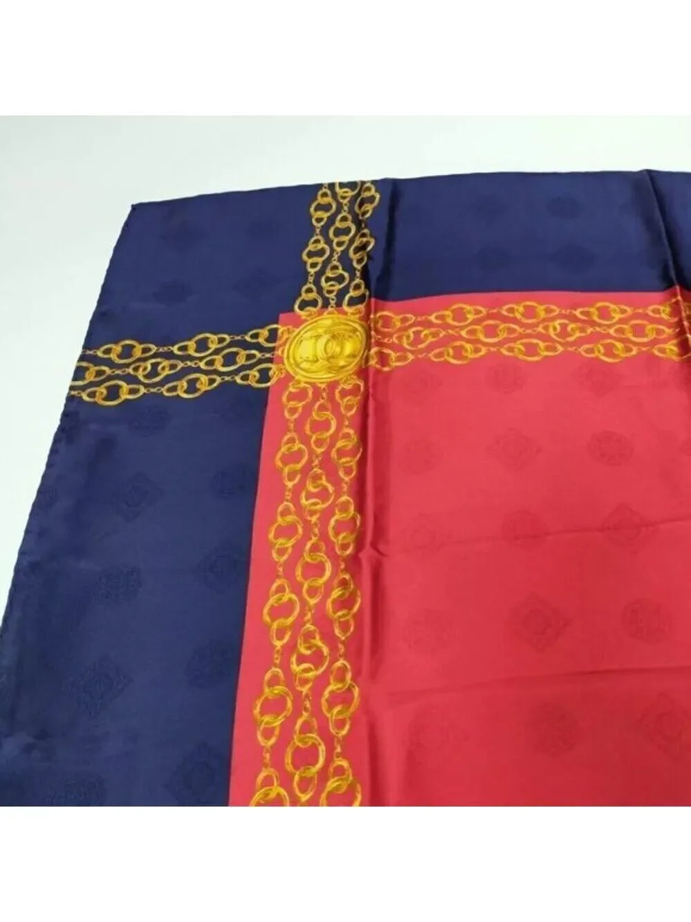 Chanel Vintage Silk Scarf Navy Red Gold Chain Medallion Square Designer Wrap
